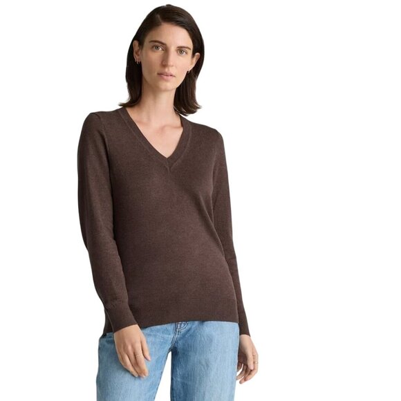 Quince Lightweight Cotton Cashmere V Neck Sweater Mocha Heather Size M - Picture 1 of 10